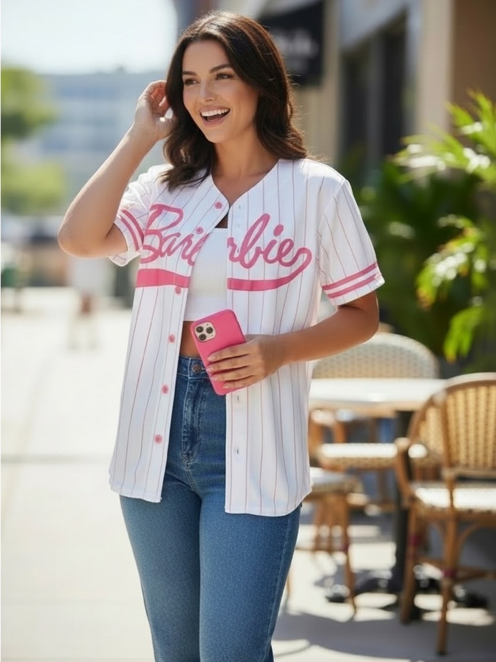 BARBIE Baseball Jersey Shirt Sz M Hot Pink/White top NEW - Picture 4 of 8